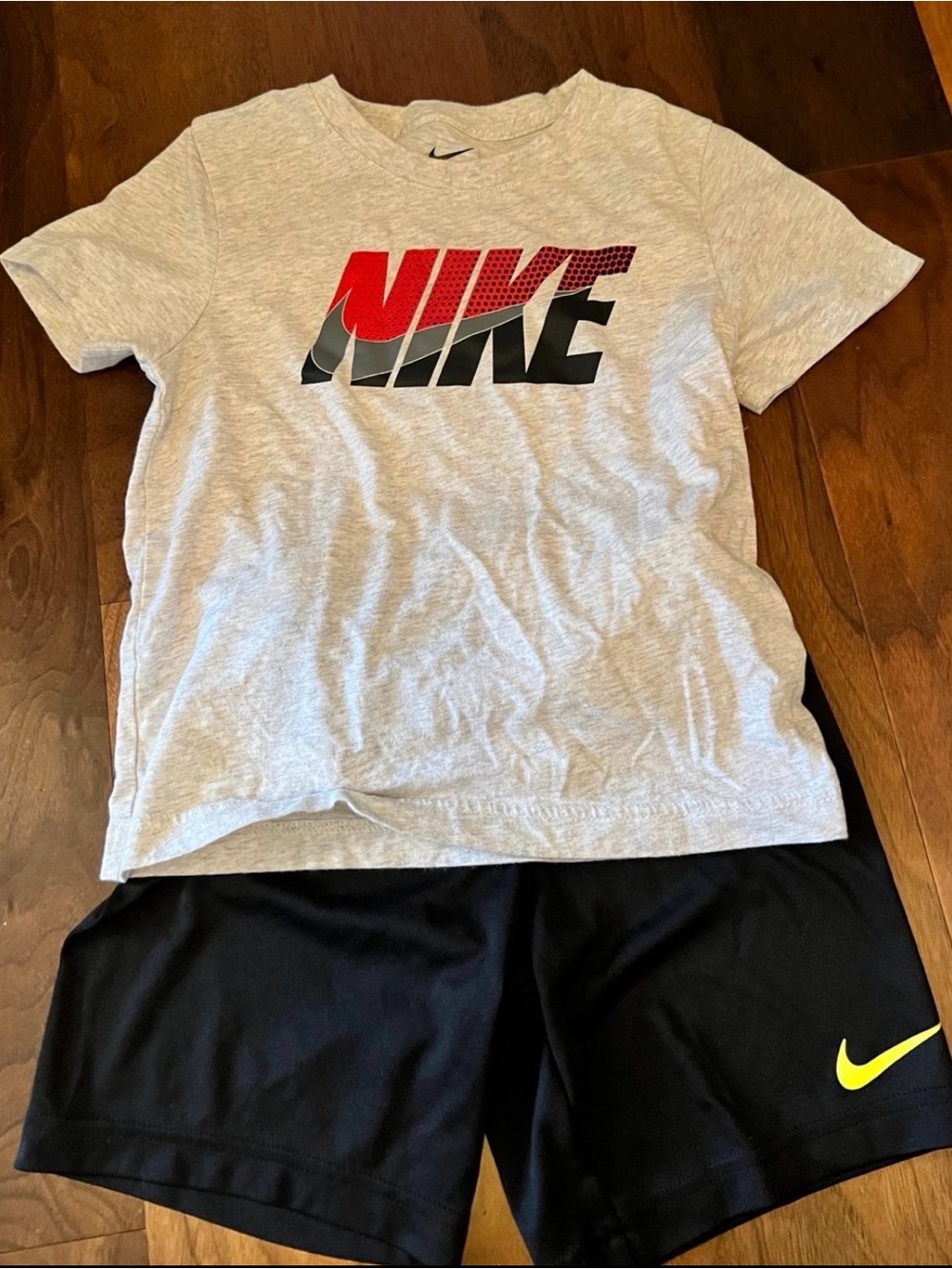 Nike kids Black Athletic Shirt and Shorts with Neon Swoosh 7